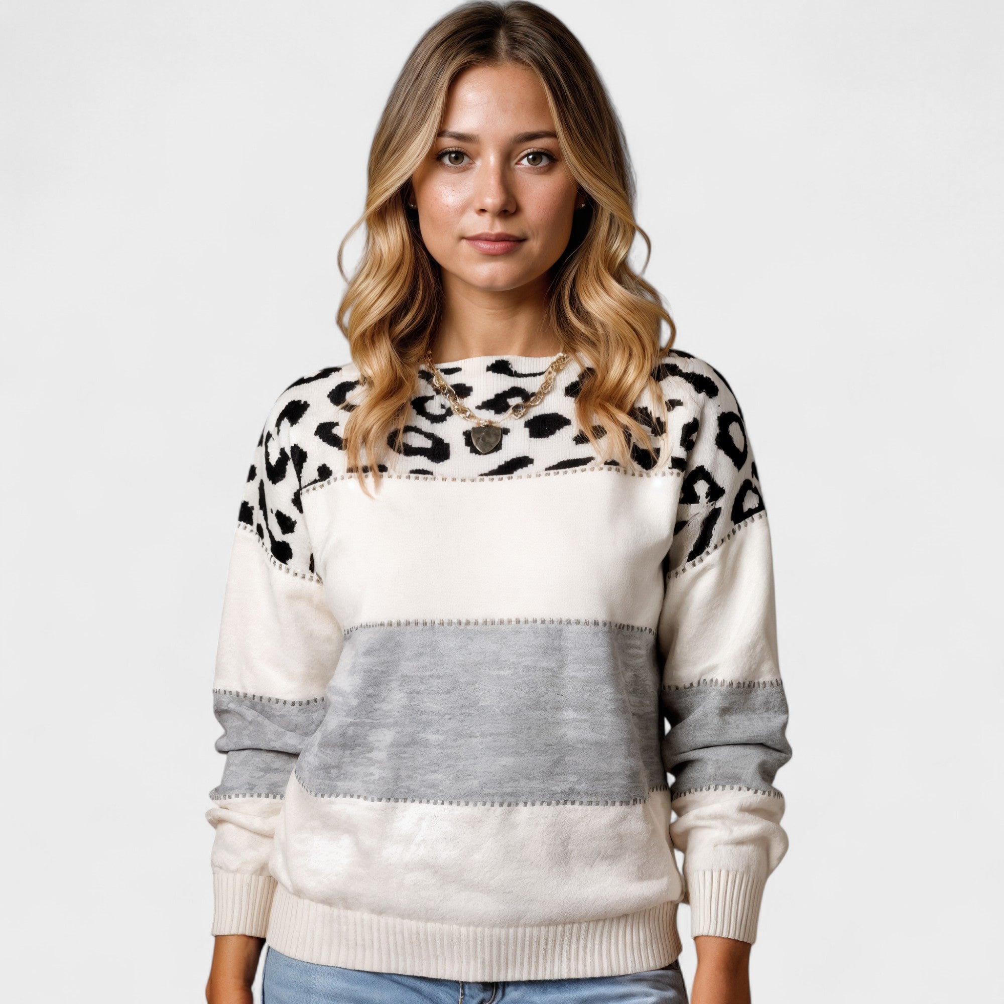 Selena Damen-Strickpullover mit Leopardenmuster