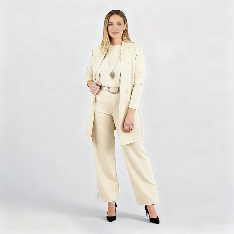 Elena – Elegantes Damen-Set mit 3 Teilen (Cardigan, Oberteil und Hose)
